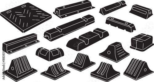 Collection of various skateboard ramp and rail components illustration