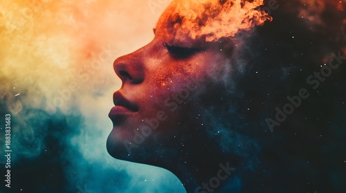 A woman's face is silhouetted against a cosmic background, with her hair blending into swirling nebulae and stars.