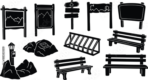 Black and white park bench and sign illustrations set