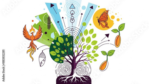 Illustration of life cycle and transformation featuring a tree phoenix butterfly and sprouting seeds representing growth and evolution ideal for concept design