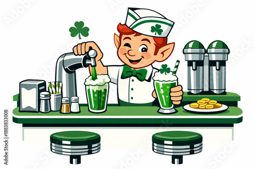 Retro leprechaun soda jerk pouring green float illustration