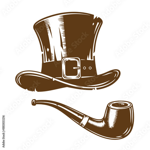 Drawing Vintage grunge  texture Vintage top hat and smoking pipe illustration in brown isolated on white background