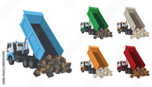 Dump Trucks Unloading Various Materials at a Construction Site
