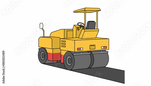 A yellow road roller compacting a strip of dark asphalt on a white background, illustrating heavy construction work.