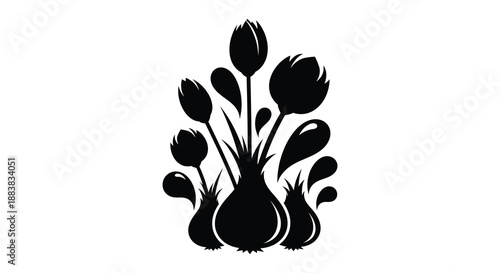 a striking black silhouette depicting a stylized floral arrangement with tulips and leafy accents beautifully rendered