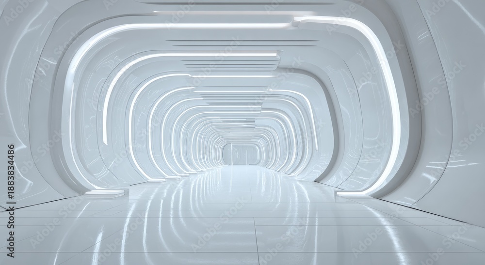 Obraz premium Futuristic tunnel bathed in bright white light, with curved walls and reflective flooring
