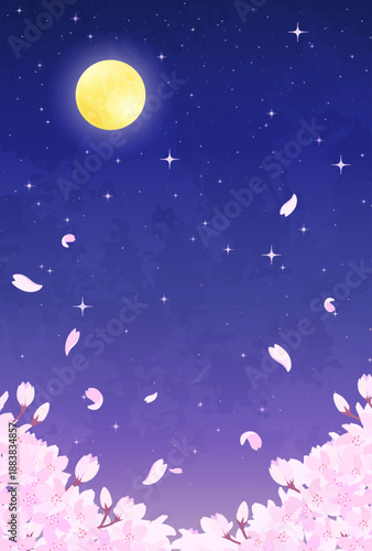 夜桜と満月と星空のイラスト_縦3