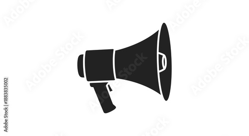 a black megaphone icon design with a handle and flared bell visually representing announcement silhouette
