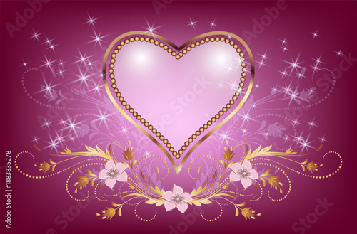 Valentine's Day greeting banner card with bulk 3d hearts and golden ornament and glowing stars