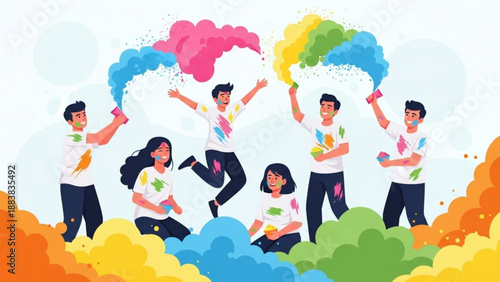 Diverse group of people celebrating Holi festival with colorful powder joyful outdoor activity vibrant illustration for cultural events and advertising
