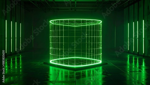 A glowing green digital cube inside a dark, industrial space