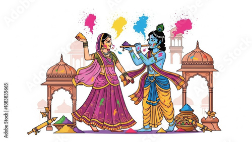 Lord Krishna and Radha celebrating Holi festival with colors and flute traditional Indian illustration for cultural events and festivals