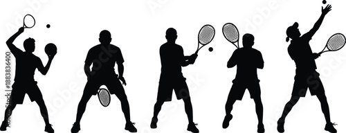 Tennis Player Silhouettes Set Showing Forehand, Backhand, Serve, and Action Poses, Black Illustration for Sports, Fitness, Training, and Athletic Performance Concepts