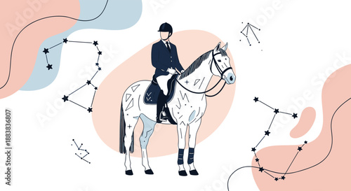 Elegant illustration of an equestrian rider on a decorated horse surrounded by abstract shapes and zodiac constellations for a mystical vibe.