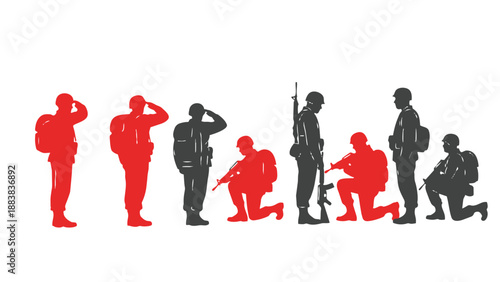Soldiers in various poses in red and black silhouettes