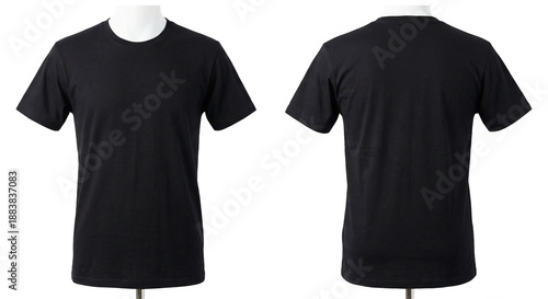 Front and back view of a blank black t-shirt for mockup. Very standard model, isolated on a transparent background.