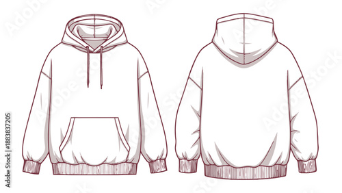 Front and back view of a white hoodie with drawstrings and pockets