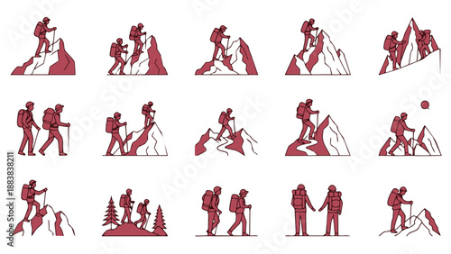 Collection of pink hiking and climbing icons