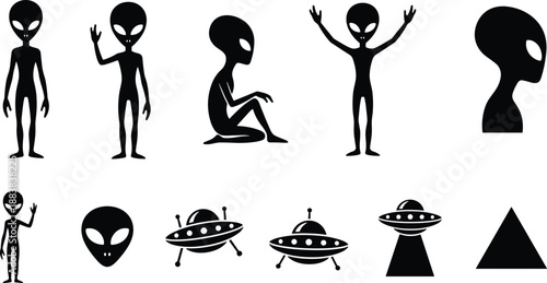 Alien silhouettes collection with extraterrestrial characters, UFO spaceships and mysterious figures, minimalist black vector illustration set for sci-fi concepts, space design and fantasy graphics