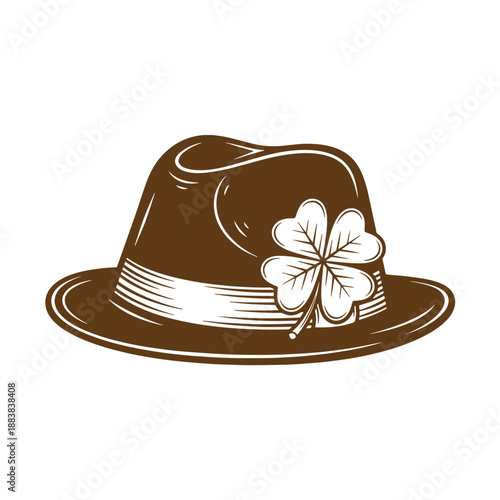Drawing Vintage grunge  texture Brown fedora hat with white band and four leaf clover on side  St Patricks Day symbol