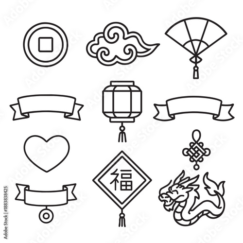 Chinese new year icon set outline style lantern coin cloud fan dragon festive joy