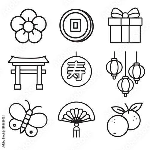 Lucky coin gift lantern gate festival joy with clean line icon set in black outline style