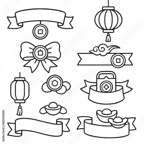 Festive outline banner lantern coin cloud motif ribbon set enrich celebration joy