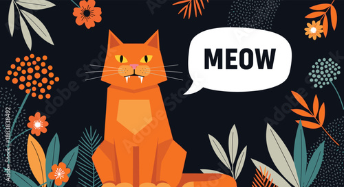 An angry-looking geometric orange cat with fangs saying 'MEOW' in a speech bubble, surrounded by stylized flowers and leaves on a dark background.