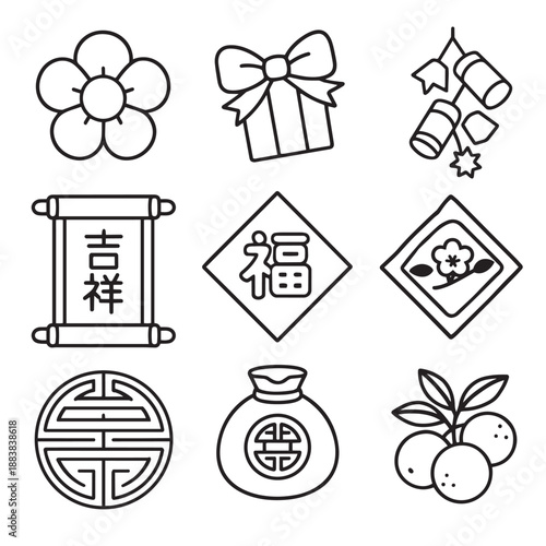 Lucky symbol festival icon Chinese New Year line art outline
