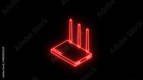 Fotografie Vibrant red neon glowing isometric router icon on a sleek dark background, symbolizing modern wireless technology, fast internet connectivity, and digital network infrastructure