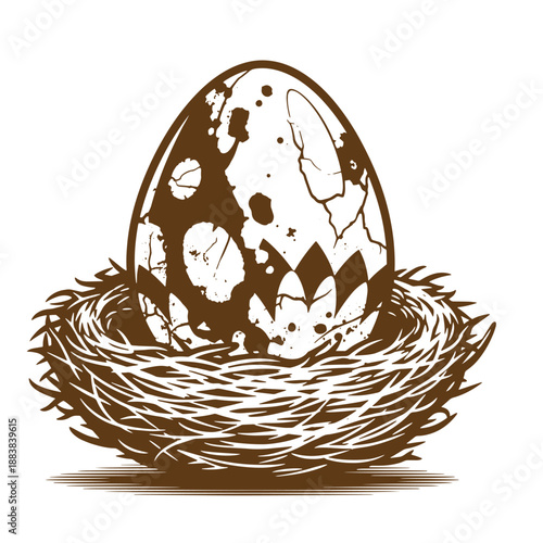 Drawing Vintage grunge  texture Brown egg in a nest on white background
