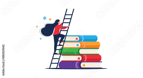 Woman climbing a ladder leaning against a stack of colorful books, symbolizing education, career growth, and the pursuit of knowledge for success.
