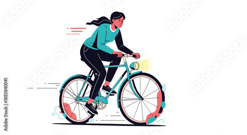 Young woman in casual clothing rides a bicycle with the headlight on, depicted in a modern flat vector illustration.
