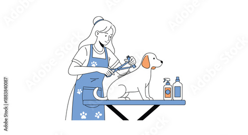 Professional female pet groomer in a blue apron carefully trimming a calm dog's fur on a grooming table illustration.