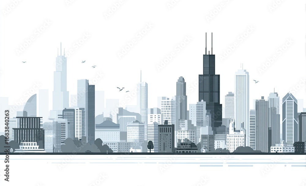Fototapeta premium Graphic cityscape illustration depicting a modern metropolis with diverse building structures
