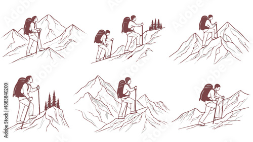 A series of illustrations depicting a hiker in various poses on a mountain