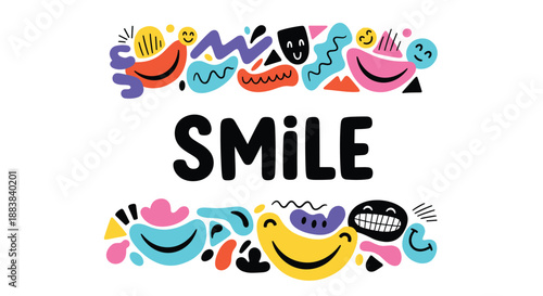 The word SMILE in bold black letters framed by a vibrant and playful arrangement of abstract shapes and cartoon faces.