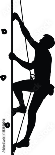 Outdoor Sports Silhouette of Climber Ascending Rock Face with Ropes and Equipment in Dramatic Vertical Viewpoint