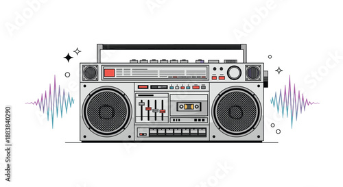 Detailed vector illustration of a vintage 1980s silver boombox with cassette player, equalizers, and colorful sound waves.