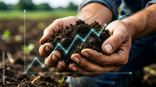 Precision Agriculture: Farmer's Hands with Soil and AI Data Overlay, Symbolizing Sustainable Soil Health Analysis for Modern Agribusiness and Environmental Stewardship