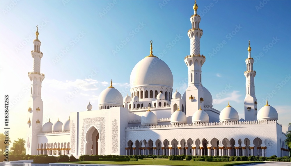 Fototapeta premium White Mosque With Minarets And Domes Under Blue Sky In Minecraft Pixelated Building, Architectural Structure, Exterior