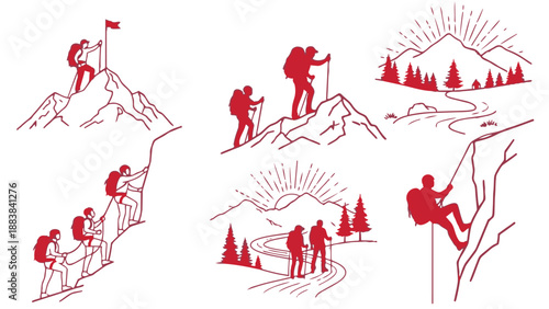 Red line art illustrations of people hiking and climbing mountains in various scenic landscapes