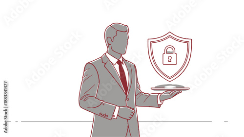 Businessman holding a shield with a lock on a tray for protection