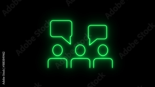 Vibrant green neon outline icons depicting three stylized people with chat speech bubbles on a dark background, symbolizing digital communication and online group discussion.