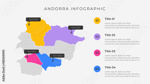 Andorra map infographic template with 4 options. Andorra political map infographic for presentation.
