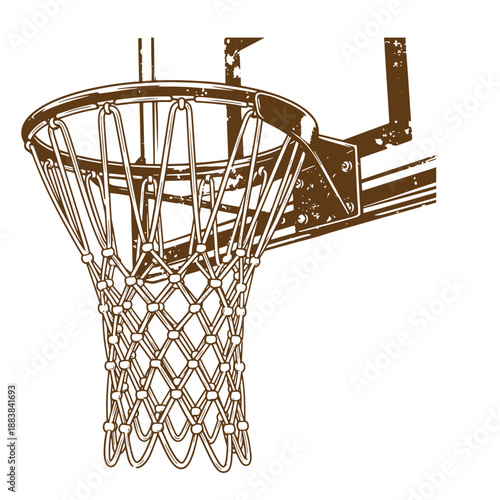 Drawing Vintage grunge  texture Brown basketball hoop with net and metal backboard support isolated on white background