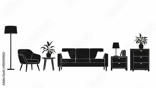 Living room furniture silhouette with plants and lamps.