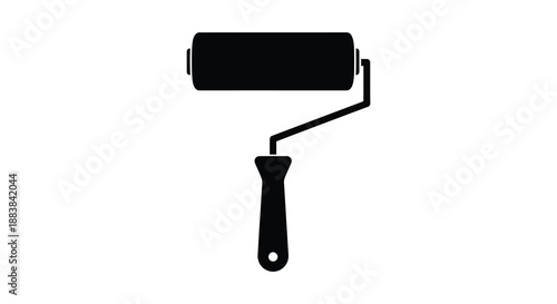 a simple black and white icon depicting a paint roller tool against a stark white background silhouette