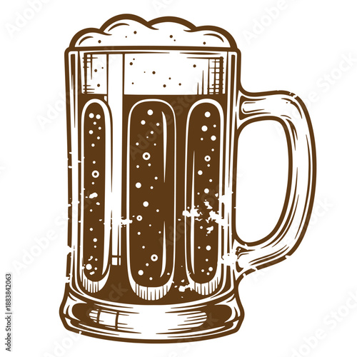 Drawing Vintage grunge  texture Brown beer mug with frothy foam on top  full glass with bubbles