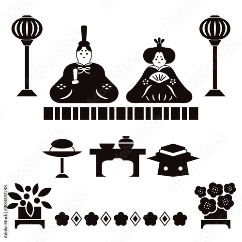 雛人形　雛飾りのセット　モノクロ